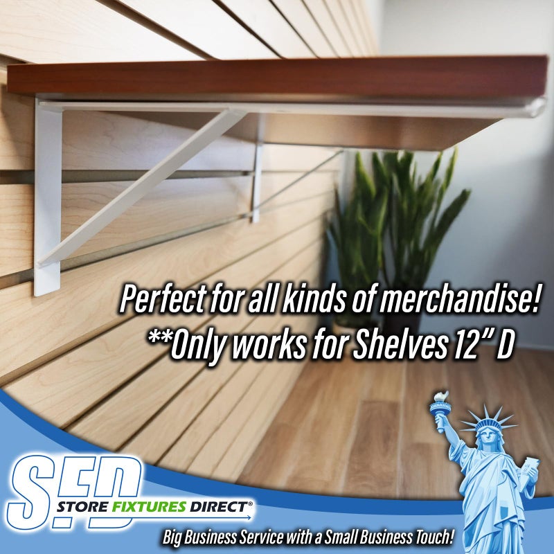 Store Fixtures Direct 12" White Heavy Duty Slatwall Shelf Bracket with Support & Lip - 10 Pack - Image 2